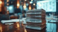 A stack of papers and files sits on a polished wooden conference table in a modern office environment, with chairs and a blurred Royalty Free Stock Photo