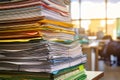 Stack of papers and files stacked tower, business file stack on desk, business report document business concep Royalty Free Stock Photo