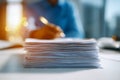 Stack of paperwork on office desk with blurred person working in background representing busy workday and document management Royalty Free Stock Photo