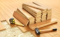 Stack of parquet. Timberwork, lumber work
