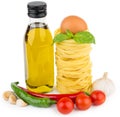 Stack of pasta in form of nests, oil bottle Royalty Free Stock Photo