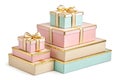 Stack of pastel-colored gift boxes with gold ribbons and bows Royalty Free Stock Photo