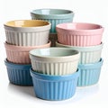 Pastel-colored ramekins stacked artfully, presenting a gentle gradient of hues on white background Royalty Free Stock Photo