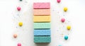Stack of Pastel Colored Sponges with Colorful Confetti and Spheres Royalty Free Stock Photo