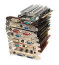 Stack of pc video adapters and graphic cards, isolated on white