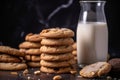 A stack of peanut butter cookies with a glass of milk