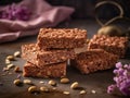 Stack of peanut butter granola bars on a table