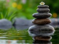 A stack of pebbles with a white flower on top of them in the water Royalty Free Stock Photo