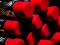 Stack of pencil erasers with vibrant red tips and shiny metal ferrules, closely arranged. Royalty Free Stock Photo