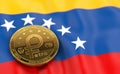 Stack of Petro concept coins on Venezuelan flag. Situation of Petro the cryptocurrency of Venezuela concept. 3D Rendering Royalty Free Stock Photo