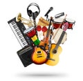 Stack pile collage of various musical instruments. Electric guitar violin piano keyboard bongo drums tamburin harmonica trumpet.