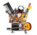 Stack pile collage of various musical instruments in shopping cart. Electric guitar violin piano keyboard bongo tamburin harmonica Royalty Free Stock Photo