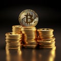 Golden BTC bitcoins on dark background. Royalty Free Stock Photo