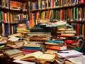 Stack piles of literature text academic archive on reading desk and aisle of bookshelves. By generative Ai