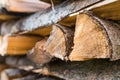 Stack of pine fire woods for the cold season close up shot Royalty Free Stock Photo