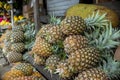 A stack of pineapples for sale at a roadside shack in Tagaytay, Philippines. A jackfruit is visible behind