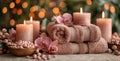 A stack of pink flower petals, candles, and wood on a table Royalty Free Stock Photo