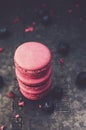 Stack of pink macaroons and fresh blueberries on metal ba Royalty Free Stock Photo