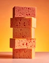 Stack of Pink and Orange Sponges on Yellow Background Royalty Free Stock Photo