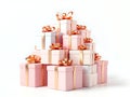 Stack of Pink and White Gift Boxes with Gold Ribbons Royalty Free Stock Photo