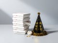 Stack of pizza boxes with new year\'s party hat Royalty Free Stock Photo