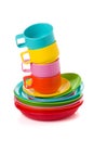 Stack of plastic corlorful cups and plates - perfect for picnic Royalty Free Stock Photo