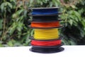 Stack of plastic filaments in a spool used for rapid prototype manufacturing methods or 3D printing Royalty Free Stock Photo