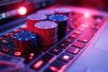 stack of playing chips for online poker betting. Winning at online casino Royalty Free Stock Photo