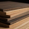 Stack of plywood sheets with alternating layers of light and dark wood veneers. Each Royalty Free Stock Photo