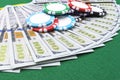 Stack of Poker chips on a dollar bills, Money. Poker table at the casino. Poker game concept. Playing a game with dice. Casino Royalty Free Stock Photo