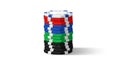 A stack of poker chips in various colors is arranged on a white backgroun Royalty Free Stock Photo
