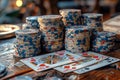 A stack of poker chips on a wooden table Royalty Free Stock Photo
