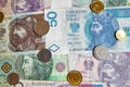 Stack of Polish Sloty banknotes and coins Royalty Free Stock Photo