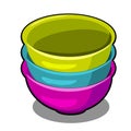 A stack of polymer bowls of different colors isolated on a white background. Cartoon vector close-up illustration.