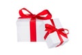 Stack of presents white gifts ribbon red bow isolated on white background Royalty Free Stock Photo