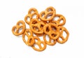 Stack of pretzels isolated on white background. Salted Crunchy snack food