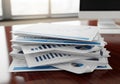 A stack of printed documents with charts and graphs is placed on a Royalty Free Stock Photo
