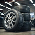 Stack of pristine car tires in a brightly lit garage workshop. Royalty Free Stock Photo
