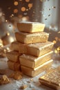 A stack of pure gold bars in gold dust . The concept of business and finance