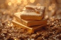 A stack of pure gold bars in gold dust . The concept of business and finance