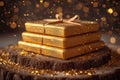 A stack of pure gold bars in gold dust . The concept of business and finance