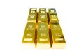 Stack of pure gold bullion bars in bank vault storage. 1kg 999,9 Fine Gold bar ingots background. Precious metal investment, Royalty Free Stock Photo