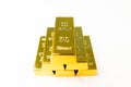 Stack of pure gold bullion bars in bank vault storage. 1kg 999,9 Fine Gold bar ingots background. Precious metal investment, Royalty Free Stock Photo