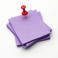 Stack of purple paper notes with red push pin on white. Creative illustration for office work, business, planning, reminders. Royalty Free Stock Photo
