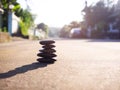 Stack pyramid stone zen pebbles nature on middle road. Royalty Free Stock Photo