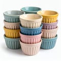 Stack of ramekins pastel hues cooking preparation baking arrangement on white background Royalty Free Stock Photo