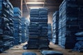 stack of raw denim material in factory