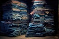 stack of raw denim material in factory