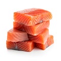 Stack of raw salmon pieces on white background. Salmon slice ready for cooking