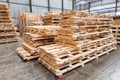 Stack of raw wood, Lumber warehouse storage wooden. Timber goods storehouse. wood import-export industry